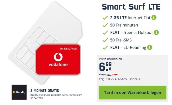 freenet Smart Surf LTE 6,99 (Vodafone-Netz) € monatlichen Kosten mit nur