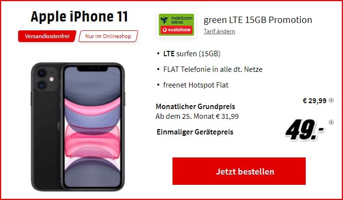 ⭐ Apple iPhone 11 mit green LTE (Vodafone-Netz) eff. 8,32 € mtl.