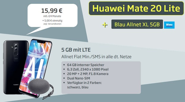 Huawei Mate 20 lite + Huawei SoundStone CM51 + Blau Allnet XL bei Curved