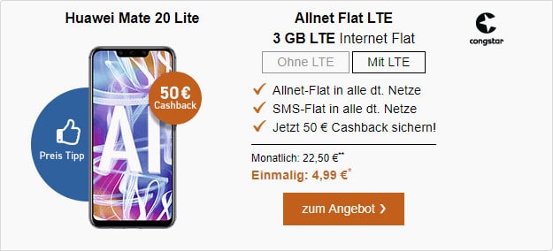 huawei mate 20 lite + cashback + congstar allnet flat