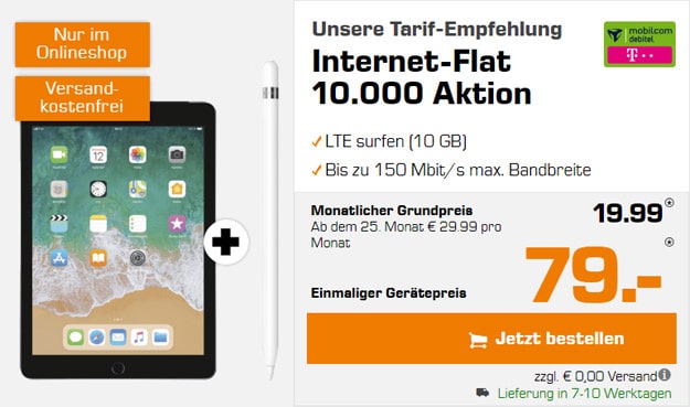 Apple iPad 2018 LTE 32GB + Apple Pencil + mobilcom-debitel Internet-Flat 10.000 (Telekom-Netz) bei Saturn