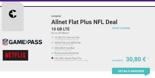 congstar Allnet Flat / Allnet Flat Plus ab 20 € mtl. (Allnet- & SMS-Flat, 4 bis 10 GB, 5 € für LTE, Telekom-Netz) - ohne Laufzeit & 100 € Bonus!