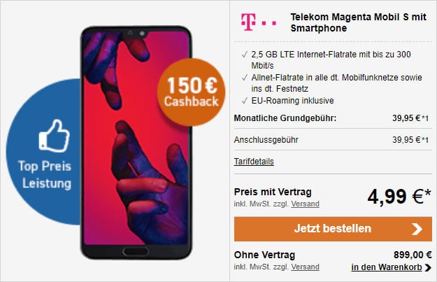 Huawei P20 Pro + 150 € Cashback + Telekom Magenta Mobil S bei LogiTel