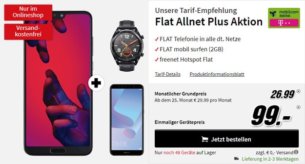 Huawei P20 Pro + Huawei Watch GT Sport + Huawei Y6 (2018) + mobilcom-debitel Flat Allnet Plus (Telekom-Netz) bei MediaMarkt