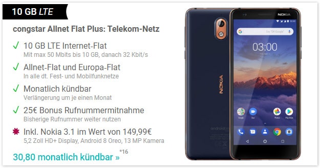 Nokia 3 1 Congstar Allnet Flat Plus Lte 50 Flex Effektiv Kostenlos