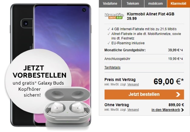 Samsung Galaxy S10 + klarmobil Allnet Flat 4000 (Vodafone-Netz) bei LogiTel