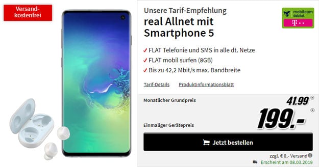 Samsung Galaxy S10 + Galaxy Buds + mobilcom-debitel real Allnet (Telekom-Netz) bei MediaMarkt