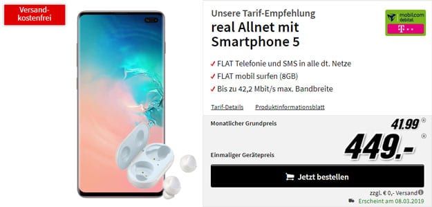 Samsung Galaxy S10 Plus + Galaxy Buds + mobilcom-debitel real Allnet (Telekom-Netz) bei MediaMarkt