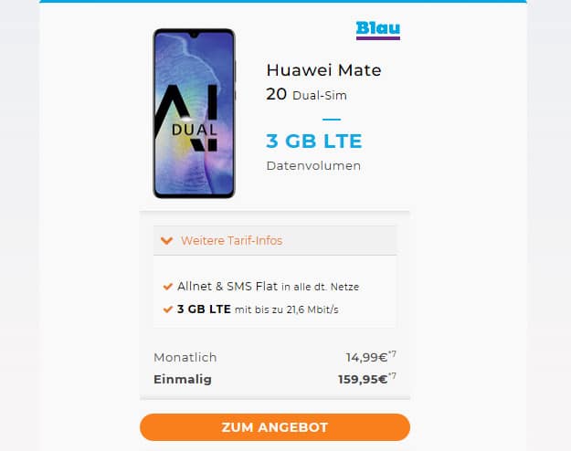 huawei mate 20 + blau allnet l