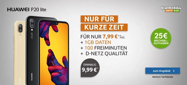 Huawei P20 lite + klarmobil Smartphone Flat 1000 (Vodafone-Netz) bei LogiTel